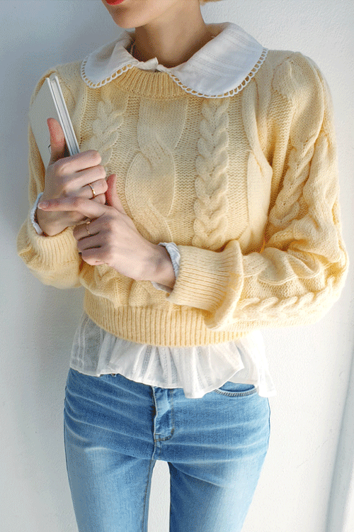 [예쁜색감]도로시 퍼프소매 꽈배기 니트슬림 맨투맨 티셔츠